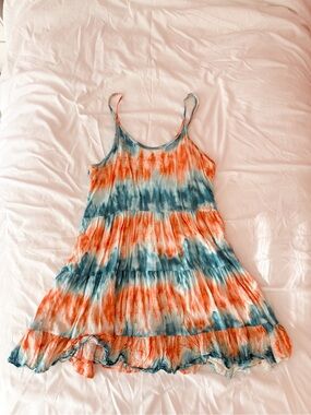 Paradise USA Orange And Blue Tie Dye Ruffle Mini Dress Size Small
